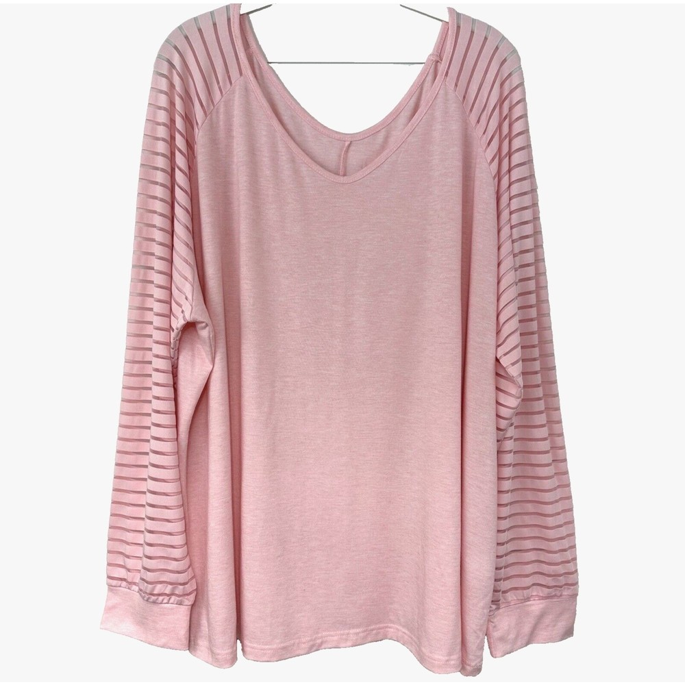 Pretty In Pink Blouse Tee Womens 4X Pullover V-Neck Striped Sheer Long Sleeve